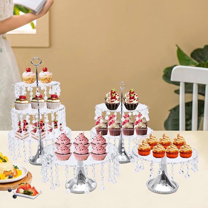 4 PCS Cake Stand Set Silvery Crystal Dessert Table Plate Set,Metal Cupcake Tray Candy Fruit Display Tower for Wedding Afternoon Tea Birthday Party Baby Shower Anniversary