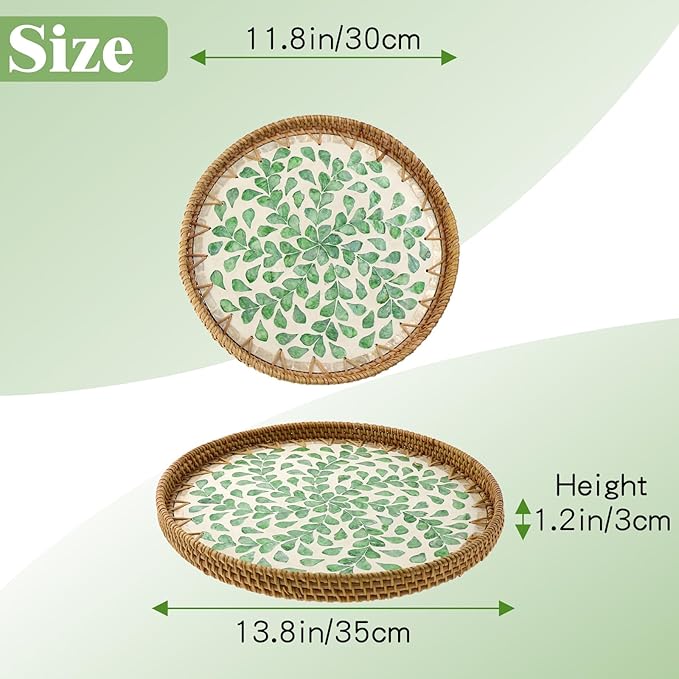 Round Rattan Tray with Mother of Pearl Inlay, Handwoven Wicker Coffee Table Serving Basket Tray for Fruit Snack Party Picnic Cafe Bedroom Kitchen Home Decor Set of 2 (Green Willow)