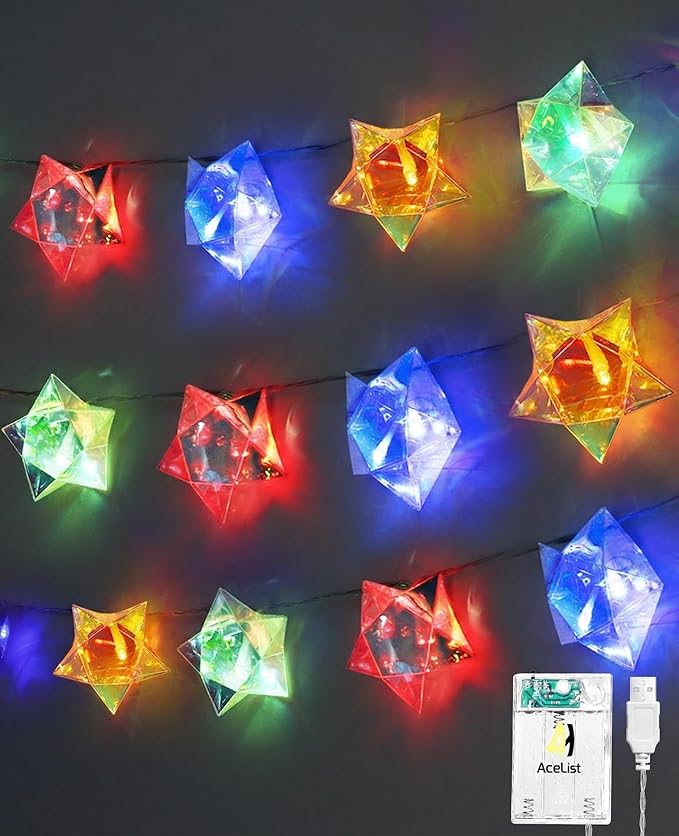 AceList Iridescent Decor 10Ft Star String Lights 20 LED USB/Battery Operated String Lights Indoor/Outdoor, Holographic Decor for Christmas Birthday Party Tent Outer Space
