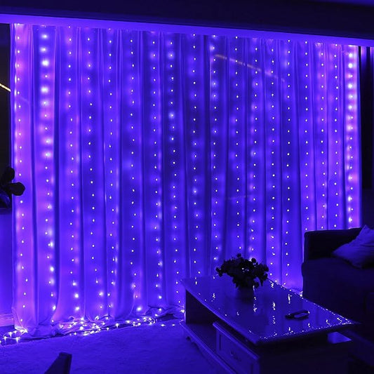 HXWEIYE 300LED Fairy Curtain Lights, 9.8x9.8Ft USB Plug-in 8 Modes Christmas String Hanging Lights with Remote for Bedroom Backdrop Wedding Indoor Wall Decor, Purple, Tangle-Free – 1 Pack
