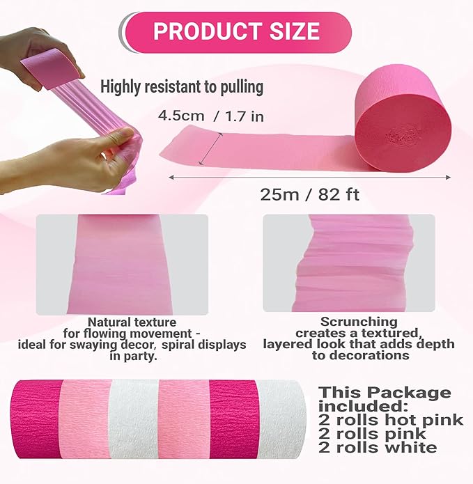 Princess Hot Pink Crepe Paper Streamers 492ft Shades of Pink Fringe Birthday Party Curtains for Backdrop, Door, Ceiling Birthday Party Decorations Various Pink Wedding Decor