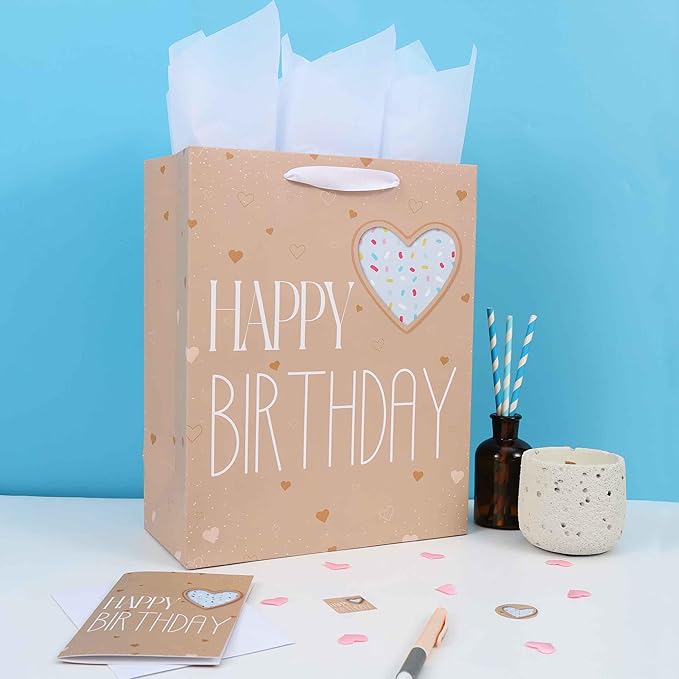 Qirrmiy 13” Large Brown Happy Birthday Gift Bag Set with Handles, Greeting Card, Green Tissue Papers and Stickers for Women Girls Men Boys Kids Teens, Heart Design, 1 Pcs.