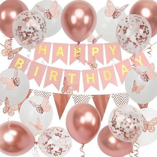 Rose Gold Birthday Decorations Women, Happy Birthday Banner for Girls Party Decorations with Balloons, Pennant Banner Flags and Rose Gold Butterfly Decorations