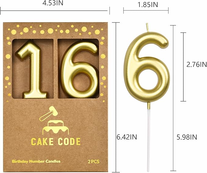 2.76 Inch Classical Gold 16 Number Birthday Candles, Gold Number Candles, Cake Number Candles, Party Celebration