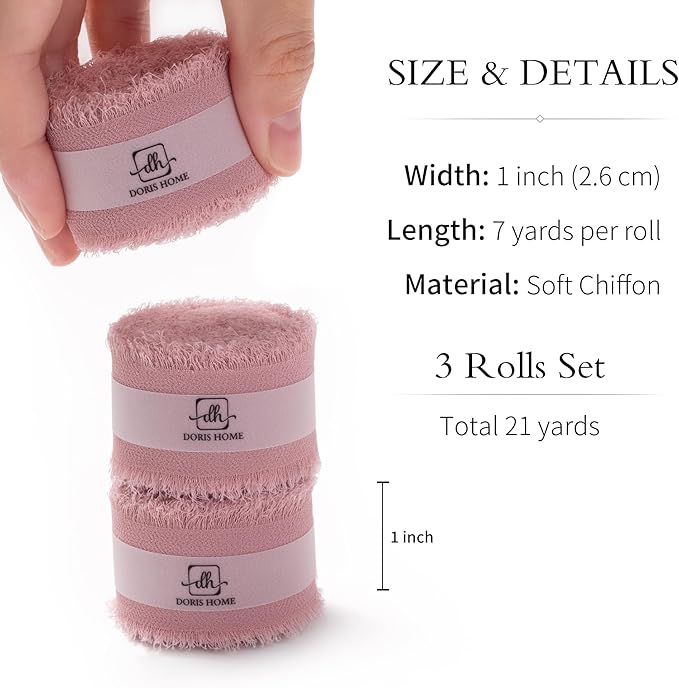 DORIS HOME Mauve Chiffon Ribbon for Flower Bouquet, 1" x21Yd Fabric Ribbon for Gift Wrapping, Handmade Frayed Ribbon for Wedding Invitations/Christmas Decorations