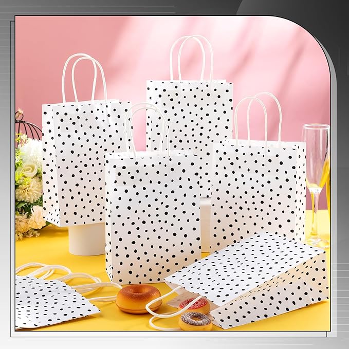 Humyoun 24 Pcs Black Painted Dots Gift Bags Paper Goodies Bags with Handles Polka Dot Candy Treat Gifts Wrapping for Baby Shower Wedding Birthday Party Supplies