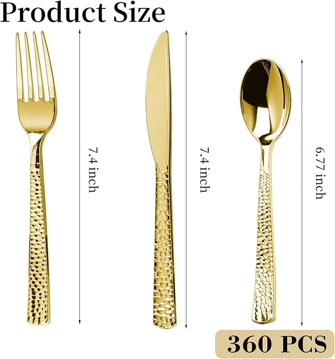 360PCS Gold Plastic Silverware, Heavy Duty Plastic Cutlery Set, Disposable Utensils, 120 Forks, 120 Spoons and 120 Knives for Party, Wedding and Events