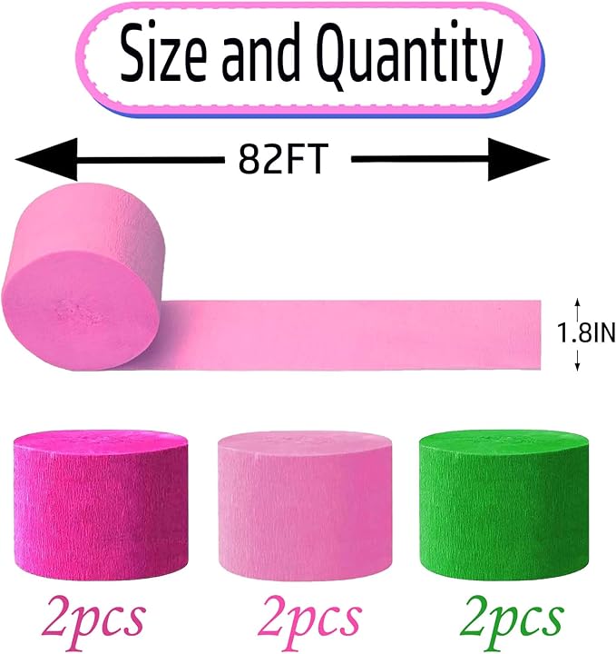 Green Pink and Hot Pink Crepe Paper 6 Pcs Streamers for Party Decorations, Birthday Wedding DIY Crafts, Gift Wrapping Supplies