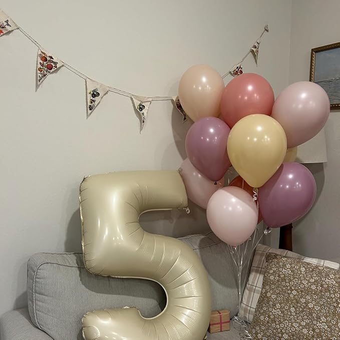 40 Inch Beige Number 5 Balloons for 5th Birthday Decorations Boys Girl, Giant Self-Sealing Cream Foil Number 0-10 White Sand Balloon for Women Men Party Anniversary Baby Shower Supplies