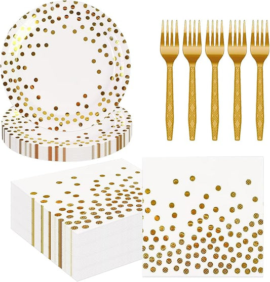 75PCS White Gold Dot Paper Plates&Napkins Set-Disposable Dessert Plates 7IN Party Plates 6.5IN Napkins Plastic Fork Tableware for Birthday Wedding Graduation Holidays Party Decoration 25 Guests