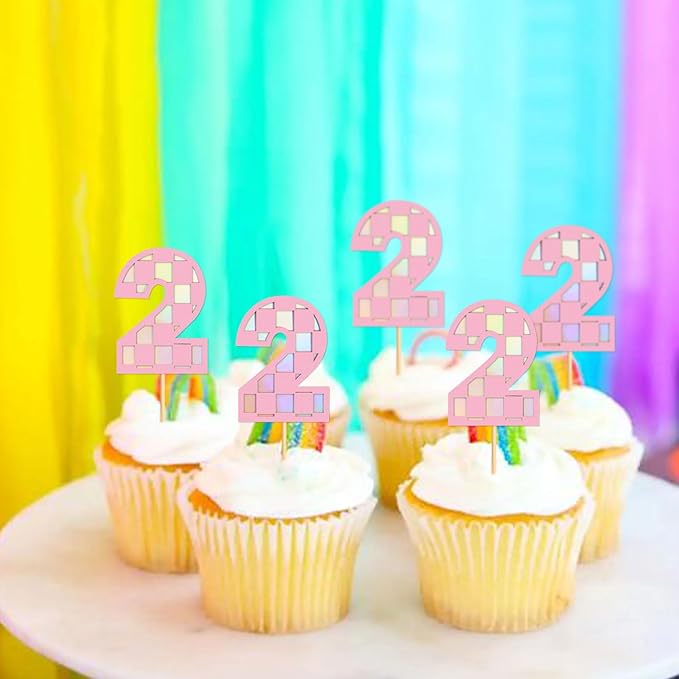 Ercadio 24 Pack Pink Number 2 Cupcake Toppers Pink Checkered Two Cupcake Picks for Smiley Assorted Racing Car Theme Baby Girls 2nd Birthday Party Cake Decoration Supplies