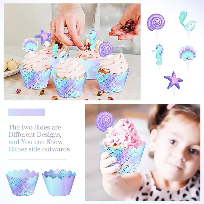 120 Pcs Mermaid Cupcake Wrappers Toppers, Include 60 Cake Topper and 60 Wrappers Double Side, Little Mermaid Theme Decoration Under The Sea Birthday Baby Shower Party Favor