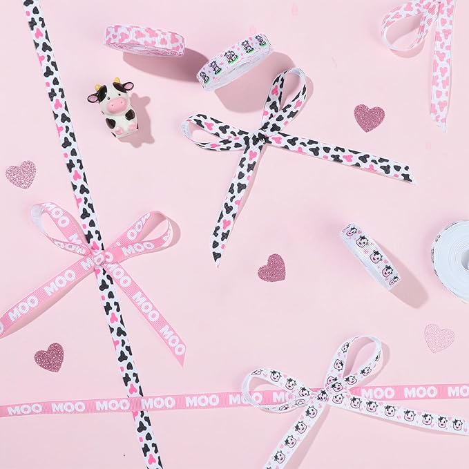 6 Roll Cow Print Ribbons, 3/8 Inch x 30 Yard Pink White Cow Spot Ribbon, Gift Wrap Grosgrain Ribbons, Animal Print Craft Ribbon for Farm Party Favor Christmas Wreath Bow DIY Craft Decor