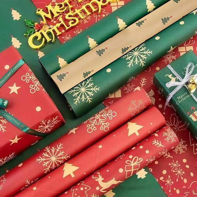 SIWRIOM Christmas Wrapping Paper 7 Pack - Large 29 x 20 Inch Vintage Kraft Gift Wrap Sheets with Holiday Designs (Tree, Snowflake, Reindeer) for Xmas Festive Present Decorations
