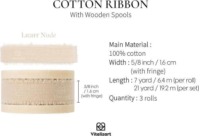 Vitalizart Nude Cotton Ribbon Handmade Fringe 5/8" x 21 Yd Light Brown Pure Natural Cotton Ribbons for Gift Wrapping Wedding Invites Bridal Shower Bouquets Holiday Decor