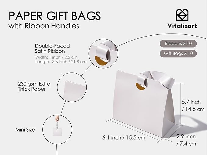 Vitalizart Paper Gift Bags With Ribbon Handles Set of 10 Assorted Colors Bulk Reusable For Gift Wrap Girls Kids Birthday Bridal Shower Party Favors Goodie Bags Candy Christmas 6.1"x2.95"x5.71" Mini