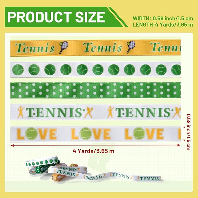 Tennis Ribbons 5 Rolls 20 Yards Total, 5/8" Sports Grosgrain Tennis Themed Ribbons for Homecoming Mums Gift Wrapping Crafts Making Hair Tie Bows and Team Party Decor