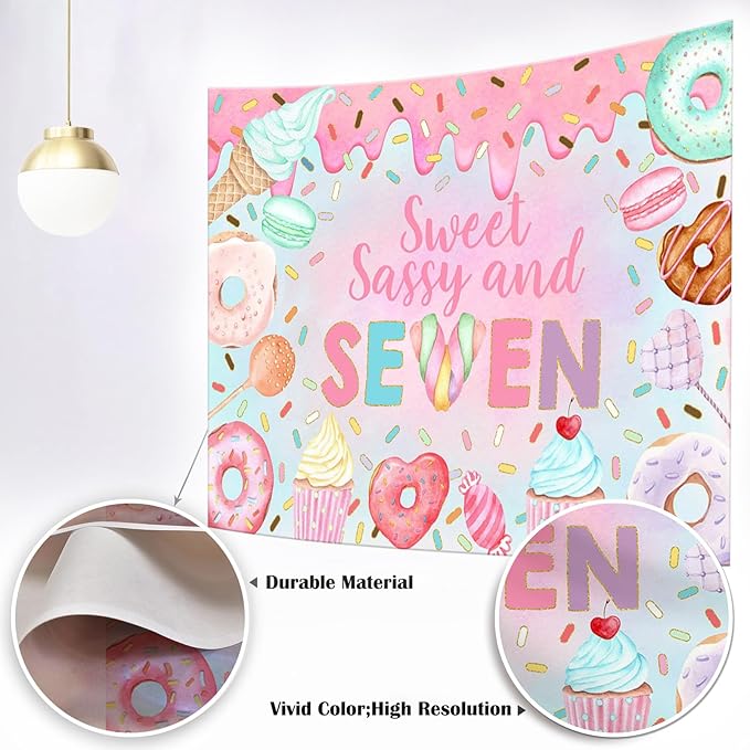 Mocsicka Donut 7th Birthday Backdrop Sweet Sassy and Seven for Girl Party Decorations Banner Seven Years Old Photography Background Photo Booth Props (10x7ft(120''x82''), Pink)
