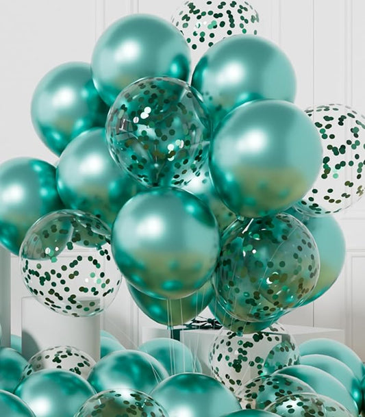 AULE Party Balloons Pack of 42 - Metallic Green Balloons & Confetti Balloons and 64ft Ribbons - 12 Inch Teal Green Balloon Decorations Set