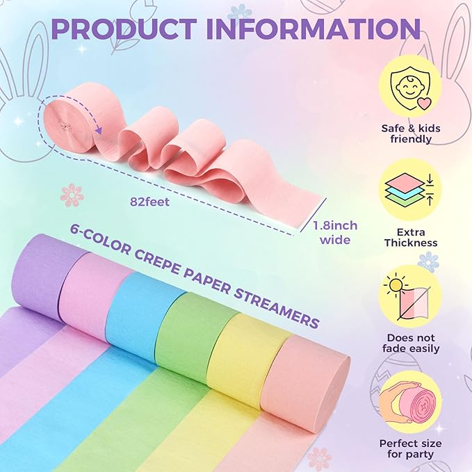 Koogel 12 Rolls Pastel Macaron Crepe Paper Streamers - 1.8 in x 82 ft Each - Soft Color Decorations for Baby Shower, Spring Party, Wedding, Easter, Birthday & Piñata Making