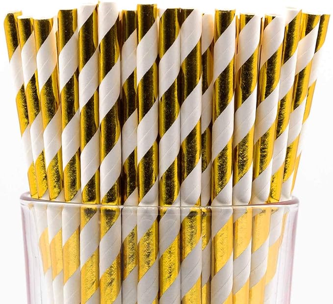 Pack of 150 Gold Foil Swirls Biodegradable 4-Ply Paper Drinking Straws (Compostable, Non-toxic, BPA-free)