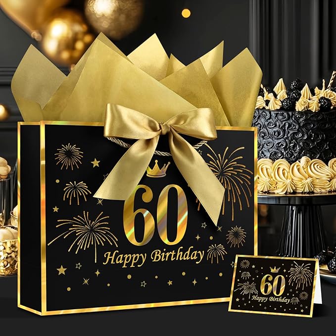 JMANNI Black Gold 60th Birthday Gift Bag with Card and Tissue Paper, 12.6"×9.84"×3.9" Elegant Present Bag for Men Women, 60 Year Old Birthday Keepsake Party Supplies