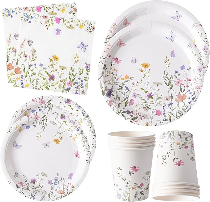 96PCS Wildflower Paper Plates and Napkins, Disposable Floral Plates for Bridal Shower, Garden Party, Wedding, Mother's Day, Spring Party, Baby Shower, Afternoon Tea Party