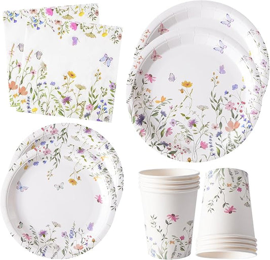 96PCS Wildflower Paper Plates and Napkins, Disposable Floral Plates for Bridal Shower, Garden Party, Wedding, Mother's Day, Spring Party, Baby Shower, Afternoon Tea Party