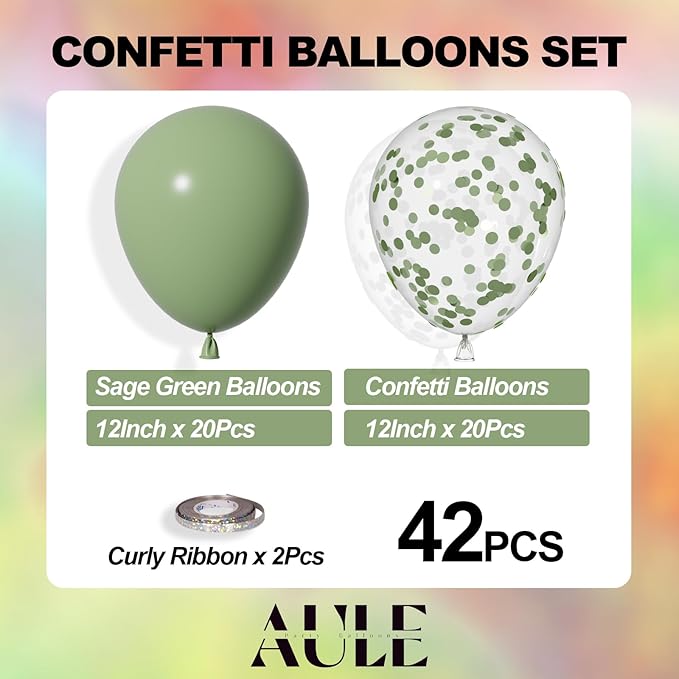 AULE Party Balloons Pack of 42-12in Sage Green Confetti Balloons & Sage Green Latex Balloons and 64ft Ribbons-12 Inches Balloons Decorations set