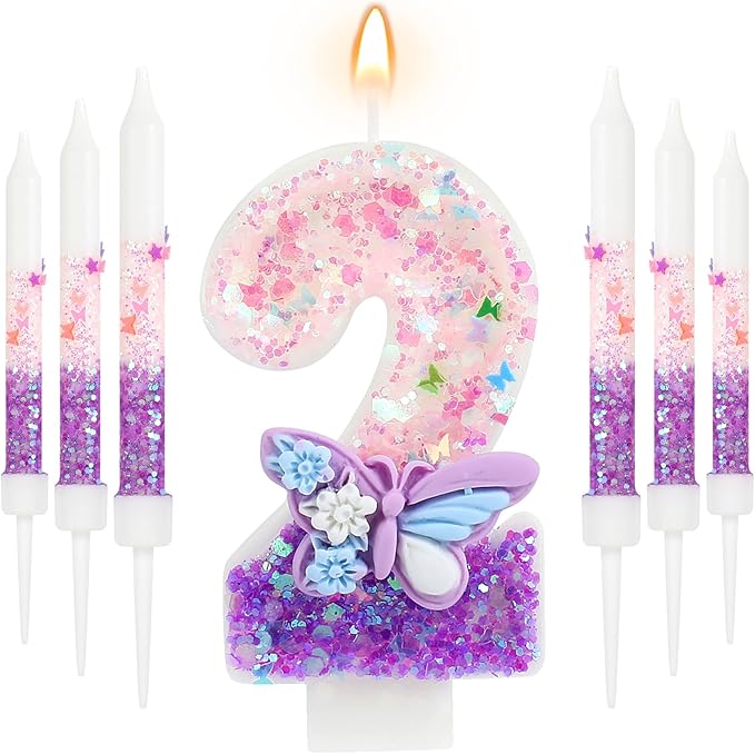 AKURIEEY Butterfly 2nd Birthday Candle Purple Number 2 Candle with 6 Pcs Long Candles for Girls Cake Topper Cupcake Decor Party Decoration Anniversary Celebrations Supplies