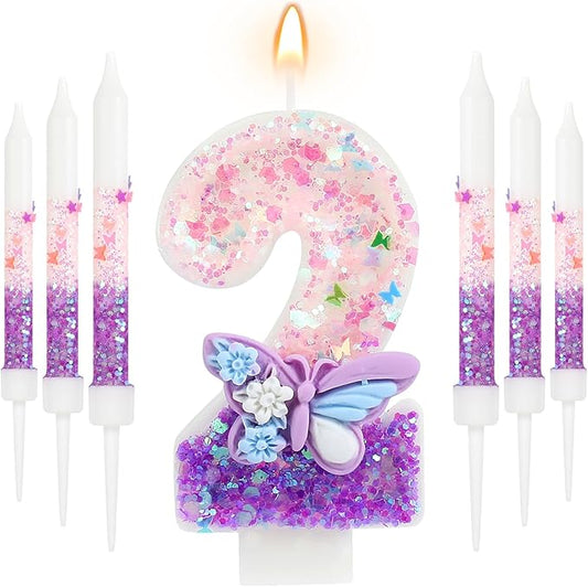 AKURIEEY Butterfly 2nd Birthday Candle Purple Number 2 Candle with 6 Pcs Long Candles for Girls Cake Topper Cupcake Decor Party Decoration Anniversary Celebrations Supplies