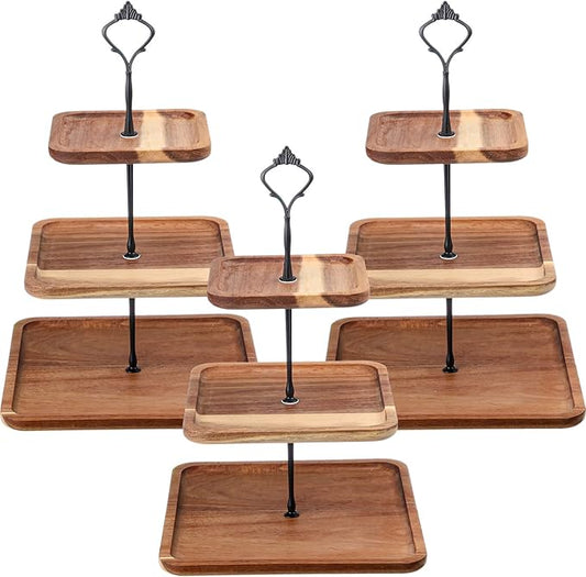 3 Pcs 3 Tier Serving Tray Square Wooden Tiered Cake Stand Acacia Wood Rustic Cupcake Display for Dessert Square Farmhouse Party, Wedding, Tea Party