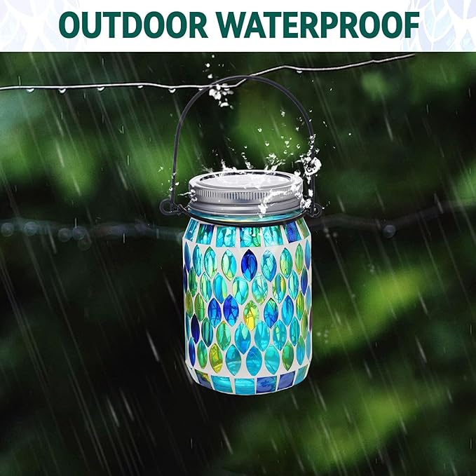 VOREEN Solar Powered Mosaic Mason Jar Lights, Colorful Stained Glass Lanterns for Outdoor Garden Decor, 2 Pack