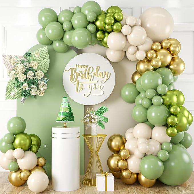 Sage Green Gold White Balloon Arch Garland Kit Metallic Lime Green Balloons Garland Olive Green Cream Ivory White Chrome Gold Latex Balloon Jungle Animal Birthday Tropical Dinosaur Party Decorations