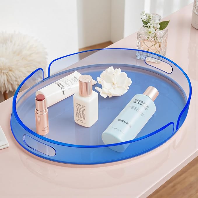 Acrylic Serving Tray with Handles Large Decorative Ottoman Tray 17x13'' Round for Bathroom Food Coffee Fruit Snack Tea Dinner Living Room, Blue