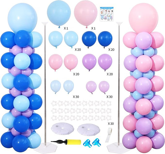 Blue Pink and Purple Balloon Column Stand Kit Set of 2, 140PCS Balloon Towers Set of 2 Pink Blue Purple Balloon Arch Kit for Gender Reveal Summer Tropical Cartoon Birthday Party Decorations
