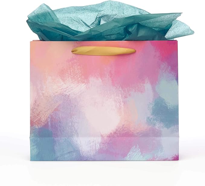 WITH LOVE Happy Birthday Women's Large Gift Bag Set w/Card & Tissue Paper Blue Pink Purple Watercolor Design for Her Birthday Inspirational Gift Wrap Bag, Landscape 10" x 12.5" x 3.9"