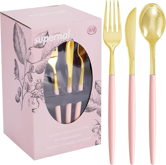 Supernal 102Pcs Pink Plastic Silverware, Gold Disposable Utensils with Pink Handle, Elegant Gold Plastic Silverware Set Includes 34 Forks, 34 Spoons and 34 Knives for Party & Wedding, Mother's Day