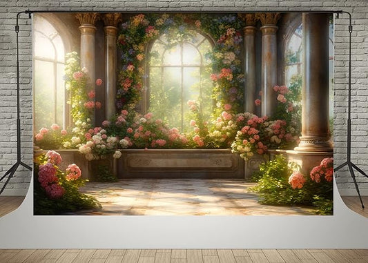 Kate 10x6.5ft Spring Pink Flowers Scenic Photography Backdrops Garden Pavilion Sunshine Floral Wall Photo Background Wedding Girls Birthday Party Backdrop Shooting