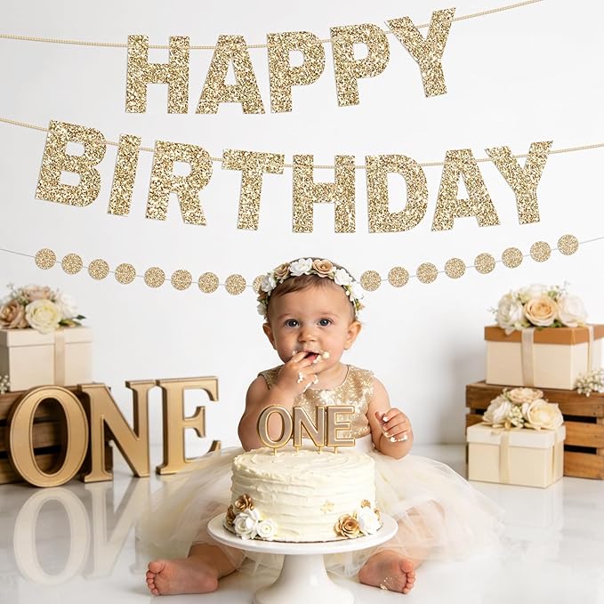 Happy Birthday Banner Pre-Strung Birthday Party Decorations NO DIY Glitter Happy Birthday Sign Circle Dots Garland Birthday Hanging Decorations for Women Men Birthday Party Supplies (Gold)