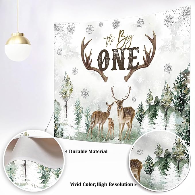 Mocsicka Deer 1st Birthday Backdrop Advenrture Winter Forest Deer Party Decoration The Big One Deer Antlers Rustic 1st Birthday Banner Bakground (Green, 7x5ft(82x60 inch))