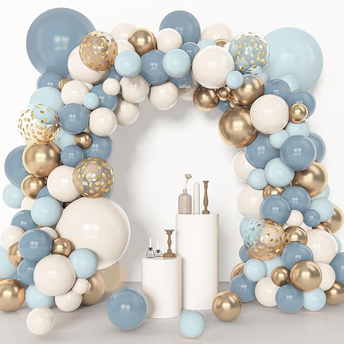 Amandir 153pcs Dusty Blue Balloon Garland Arch Kit, Different Sizes 18 12 10 5 inch Blue White Sand Latex Metallic Confetti Gold Balloons Baptism Birthday Boho Baby Shower Party Decoration Supplies