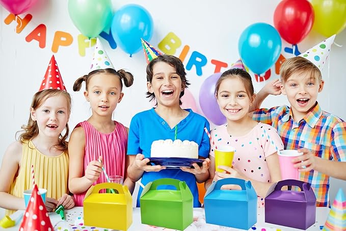The Dreidel Company Gable Treat Boxes, (12-Pack) Party Favor Boxes for Kids Birthday, Candy Boxes Party Favors, Weddings Events, Baby Shower, 6.25" x 3.5" x 3.5" Inch Box (Multi-Color Treat Box)