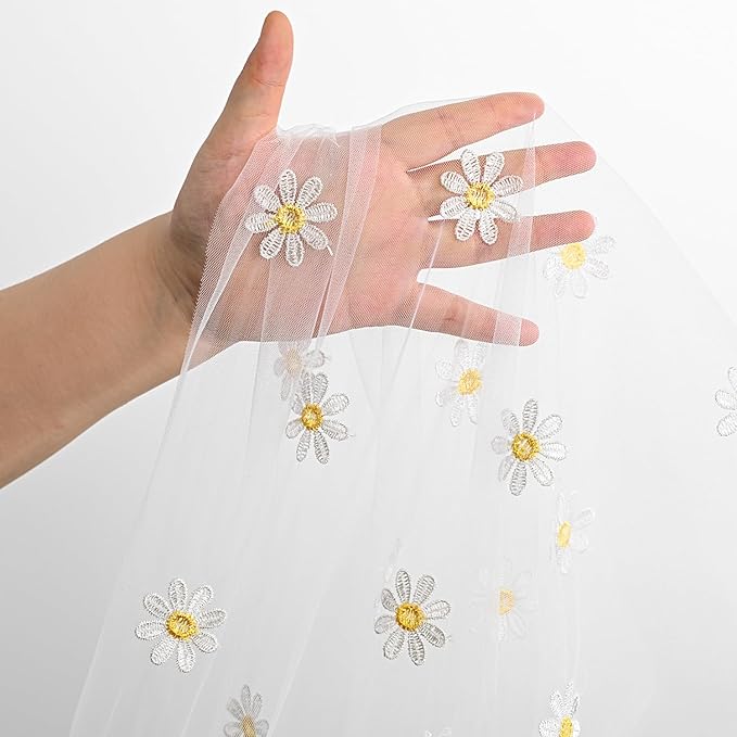 Horaldaily White Embroidery Daisy Spring Summer Gauze Tablecloth 60×84 Inch Rectangular, Seasonal Tulle Table Cover, Garden Party Decorations for Wedding, Party, Holiday Dining