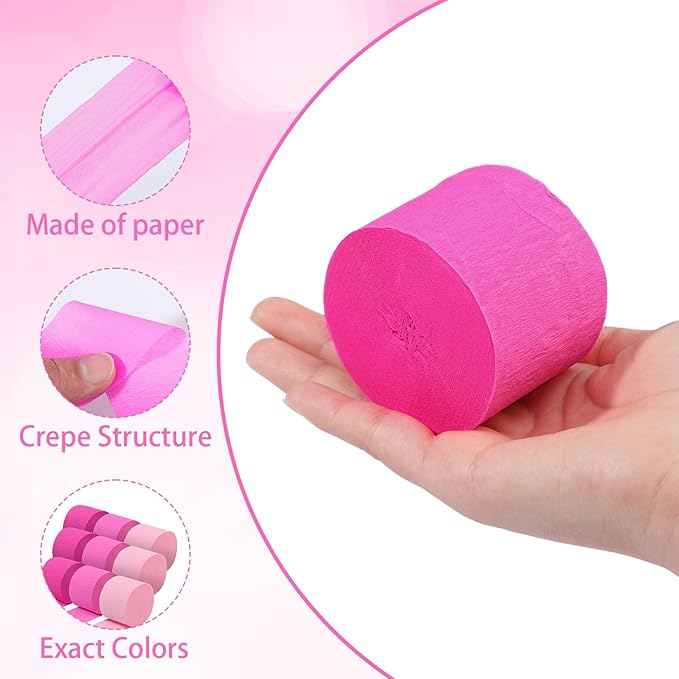 Pink Crepe Paper Streamers 9 Rolls 738ft, Pink Streamers Birthday Decorations for Wedding Mother's Day Baby Shower Holiday Party Decor, 1.77 Inch x 82 Ft/Roll