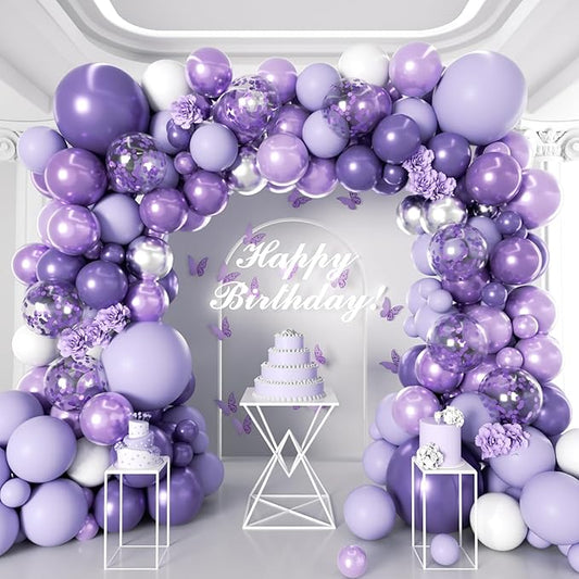 146Pcs Purple Balloons Garland Arch Kit - 5 10 12 18 inch Lavender Dark Purple Metallic Latex Balloons for Butterfly Baby Shower Birthday Wedding Princess Party Decorations