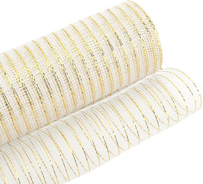 3 Rolls White Deco Mesh Ribbon for Wreath Making Supplies, 10 Inch x 30FT Metallic Foil Burlap Deco Mesh Fabric for DIY Crafts Christmas Tree New Year Wedding Wreath Swags and Decorating
