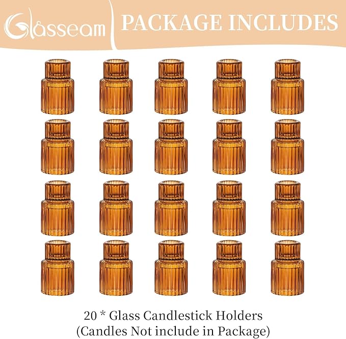 Glasseam Glass Candle Holder for Candlesticks: 20PCS Amber Candle Holders for Taper Candles Small Fall Candle Stick Holders Bulk for Table Wedding Centerpiece Christmas Halloween Living Room Decor