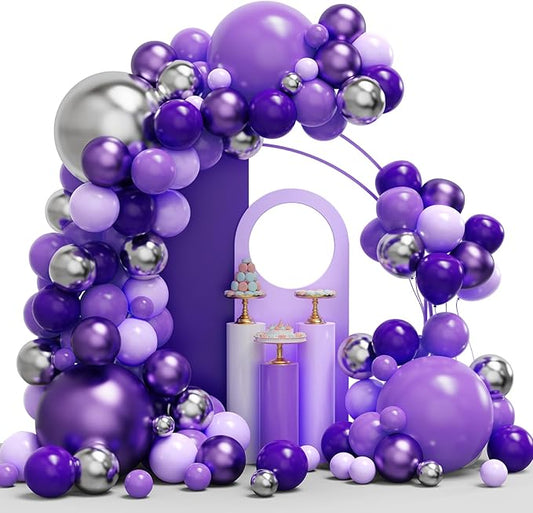 Purple Balloon Garland Arch Kit, 134PCS Purple and Silver Balloons with Different Size for Birthday, Wedding, Baby Shower Decorations