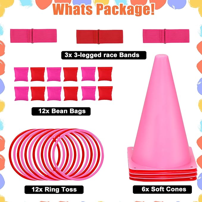 33Pcs Large 4 in 1 Valentines Day Games for Kids with Ring Toss, Plastic Cones, Bean Bags, 3-Legged Race Bands, Carnival Valentine's Games Activity Combo Set for Classroom Indoor Outdoor Party Yard